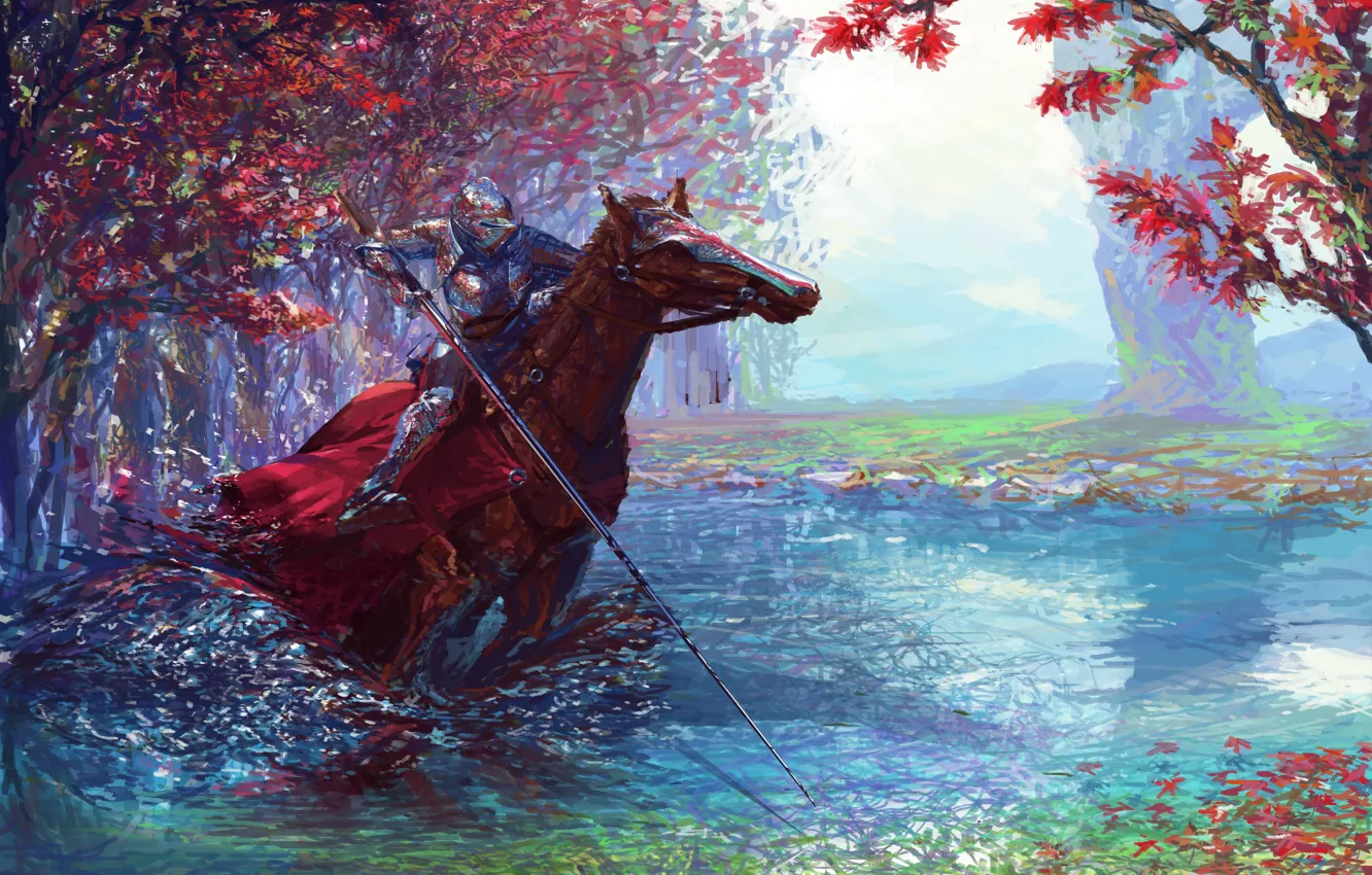 Фото обои colorful, fantasy, forest, river, armor, trees, weapon, horse