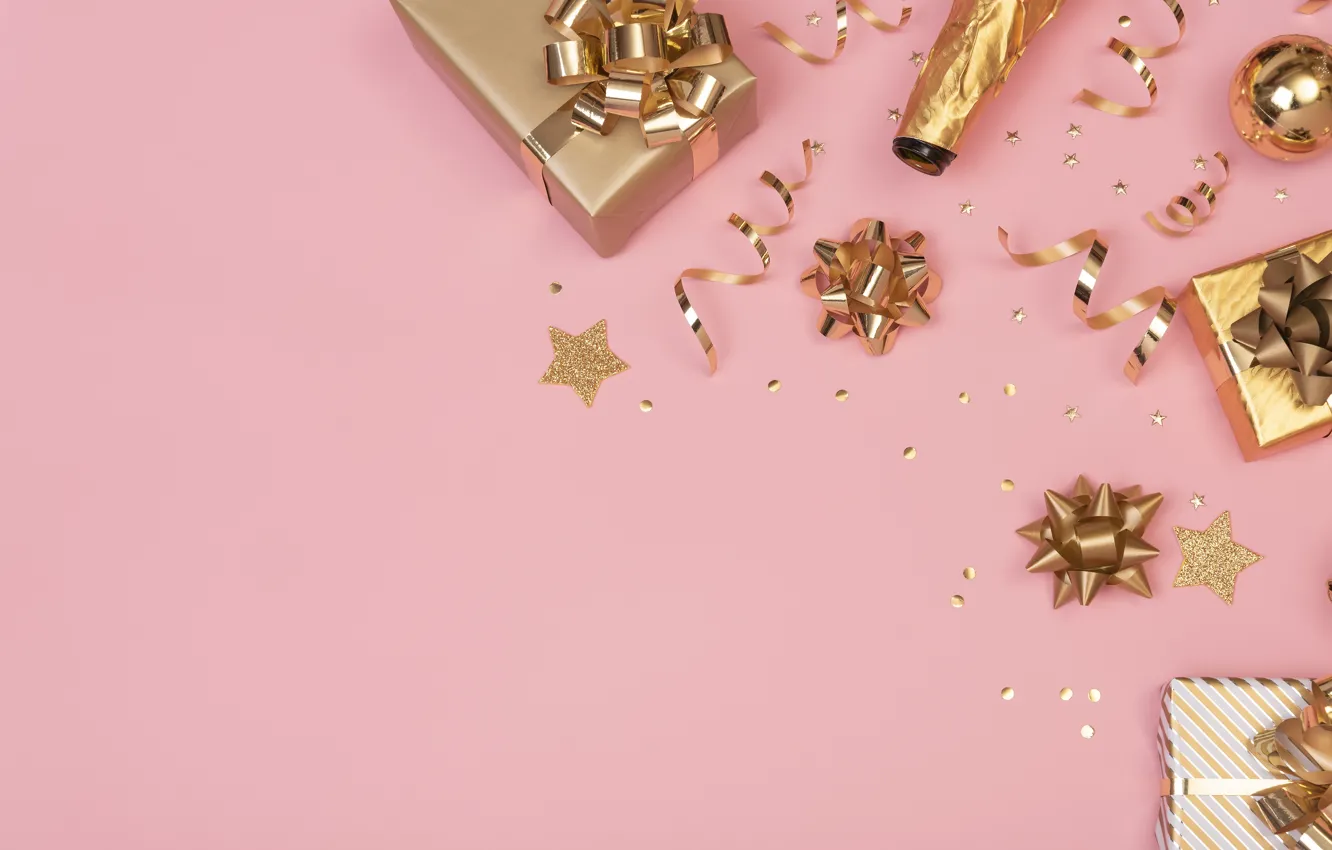 Фото обои фон, золото, розовый, новый год, подарки, Конфетти
