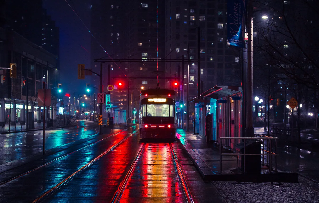 Фото обои улица, Канада, трамвай, Торонто, Canada, ночной город, Toronto, tram