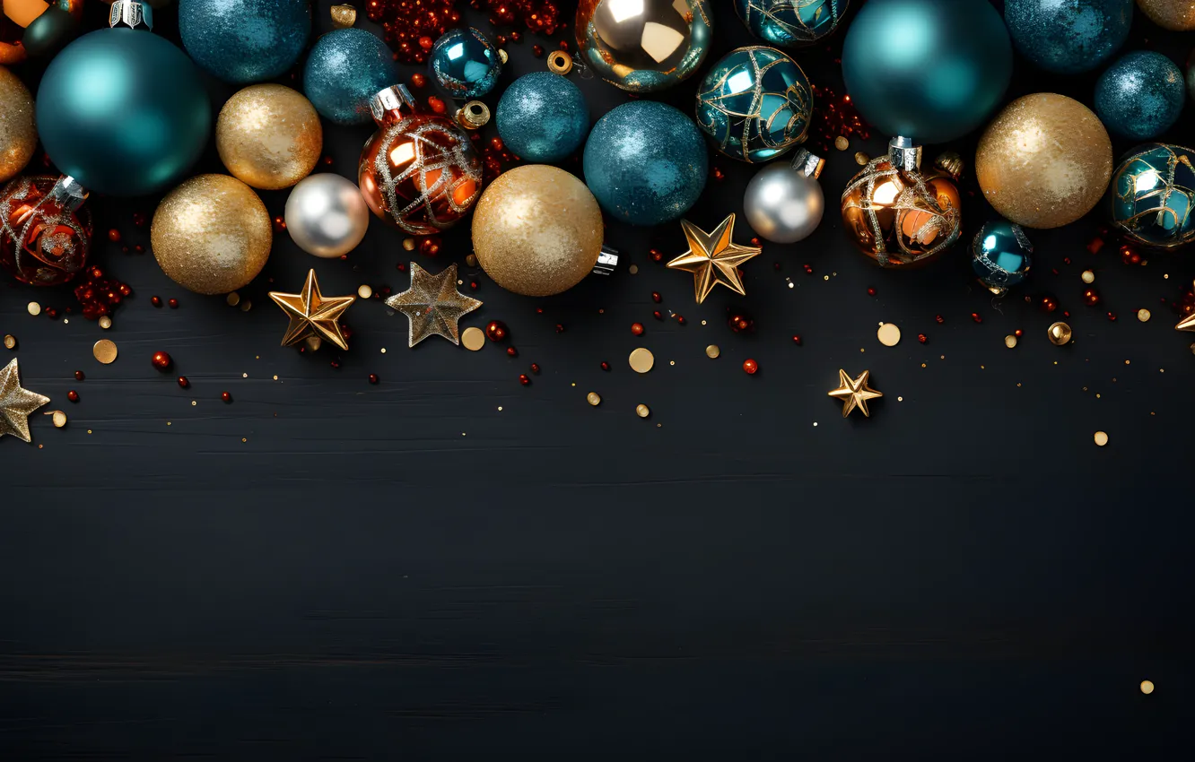 Фото обои украшения, темный фон, шары, Новый Год, Рождество, dark, golden, new year
