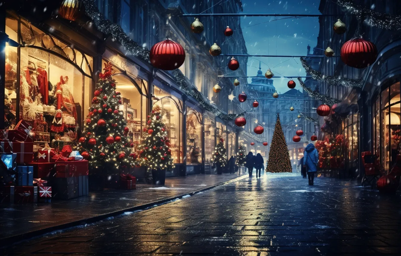Фото обои зима, снег, украшения, ночь, город, lights, шары, улица
