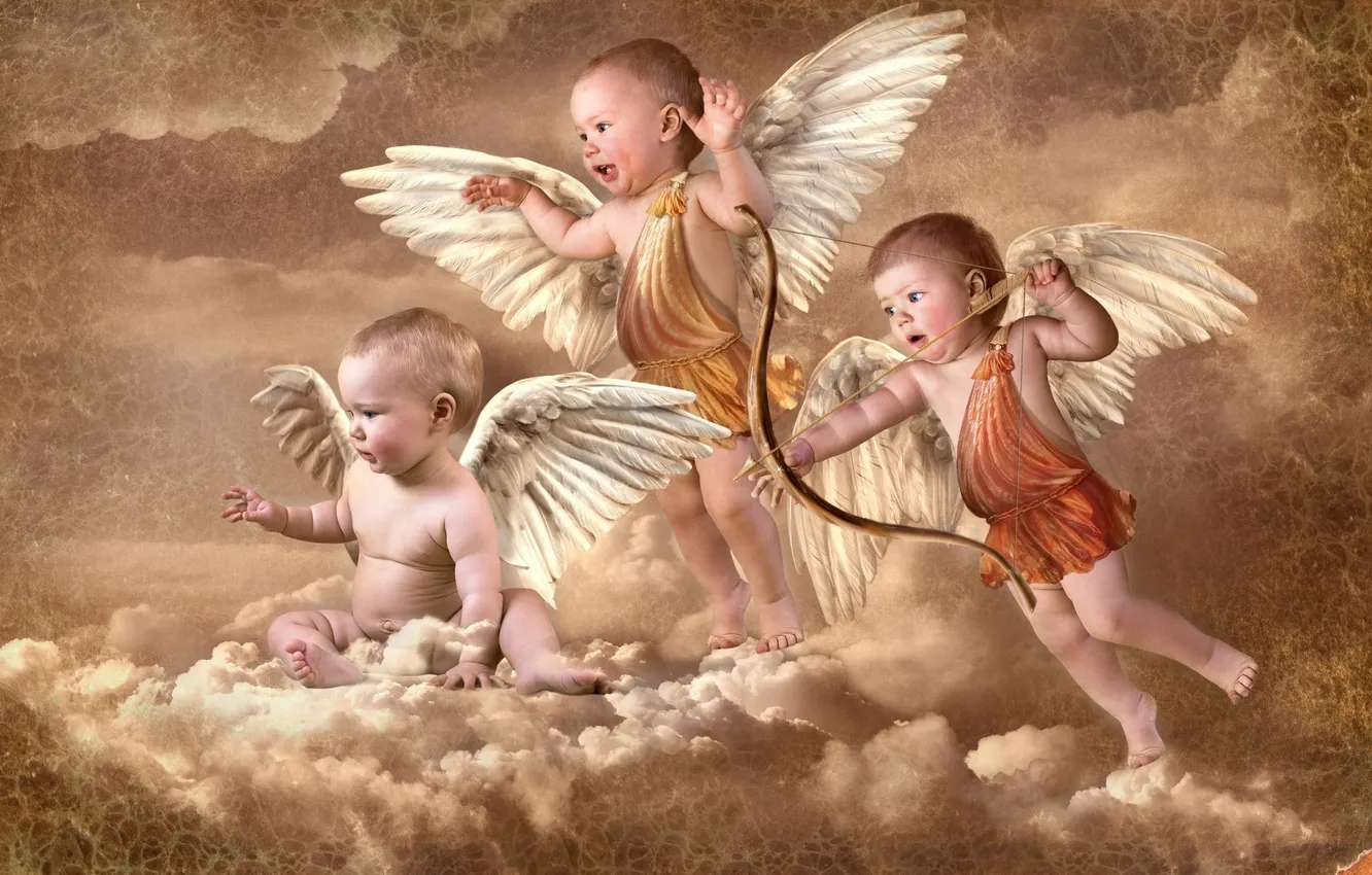 Фото обои облака, крылья, лук, стрела, ангелочки, амуры, купидоны