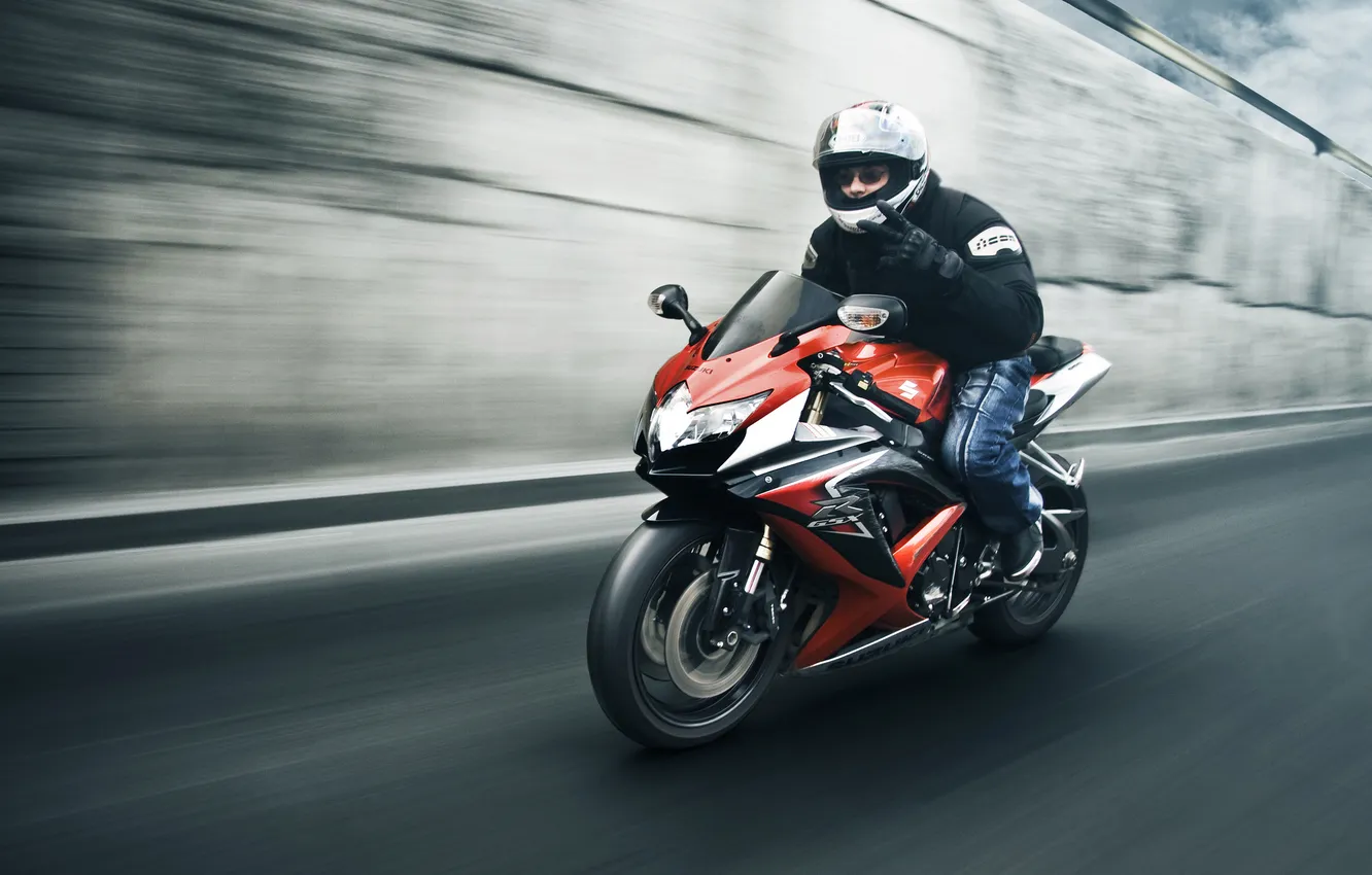 Фото обои скорость, Suzuki, мотоциклист, front, GSX-R
