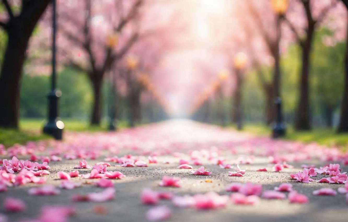 Фото обои деревья, парк, весна, сакура, аллея, цветение, trees, pink