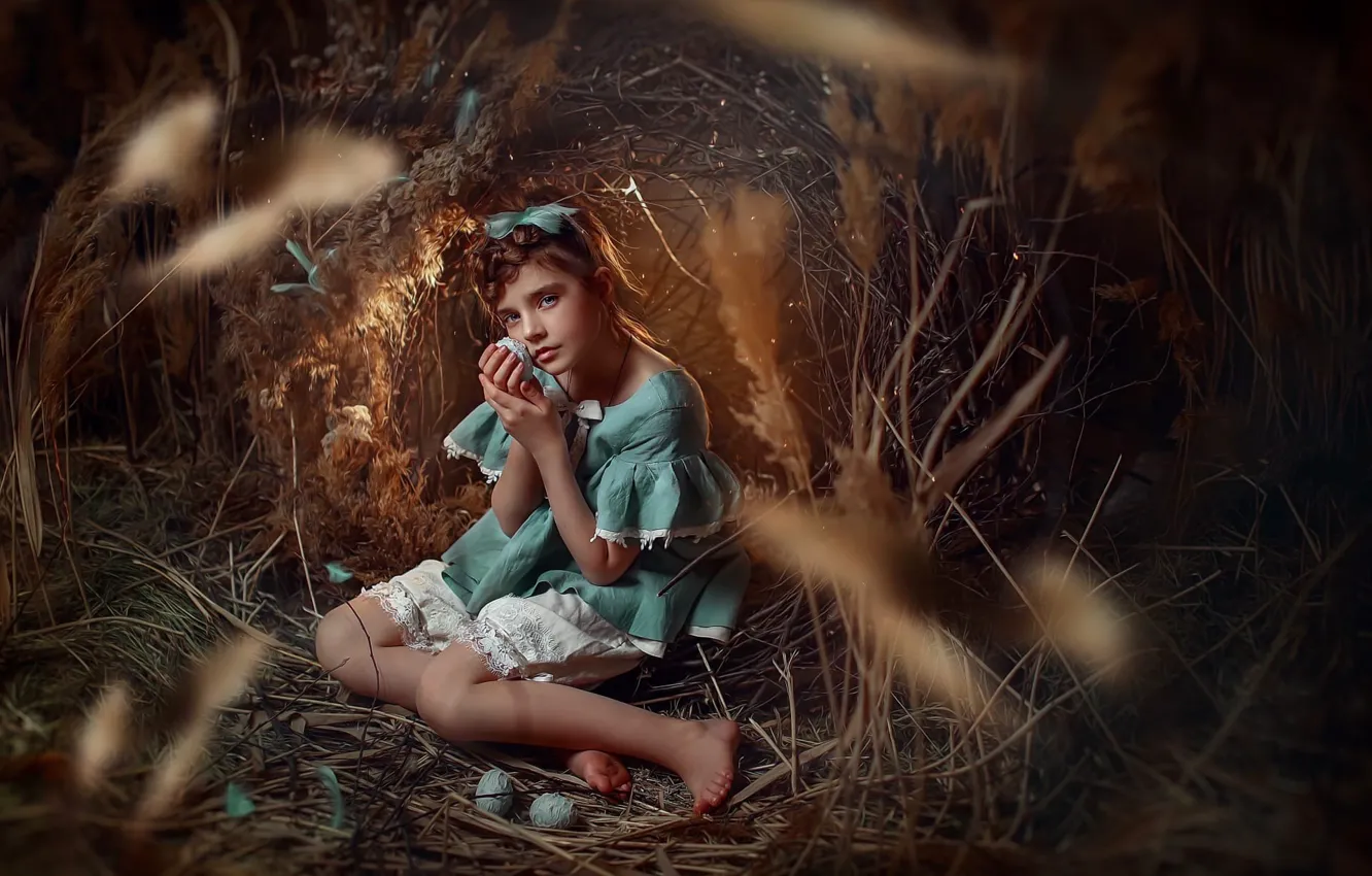Фото обои трава, взгляд, яйца, платье, девочка, крашенки, Любовь Пятовская