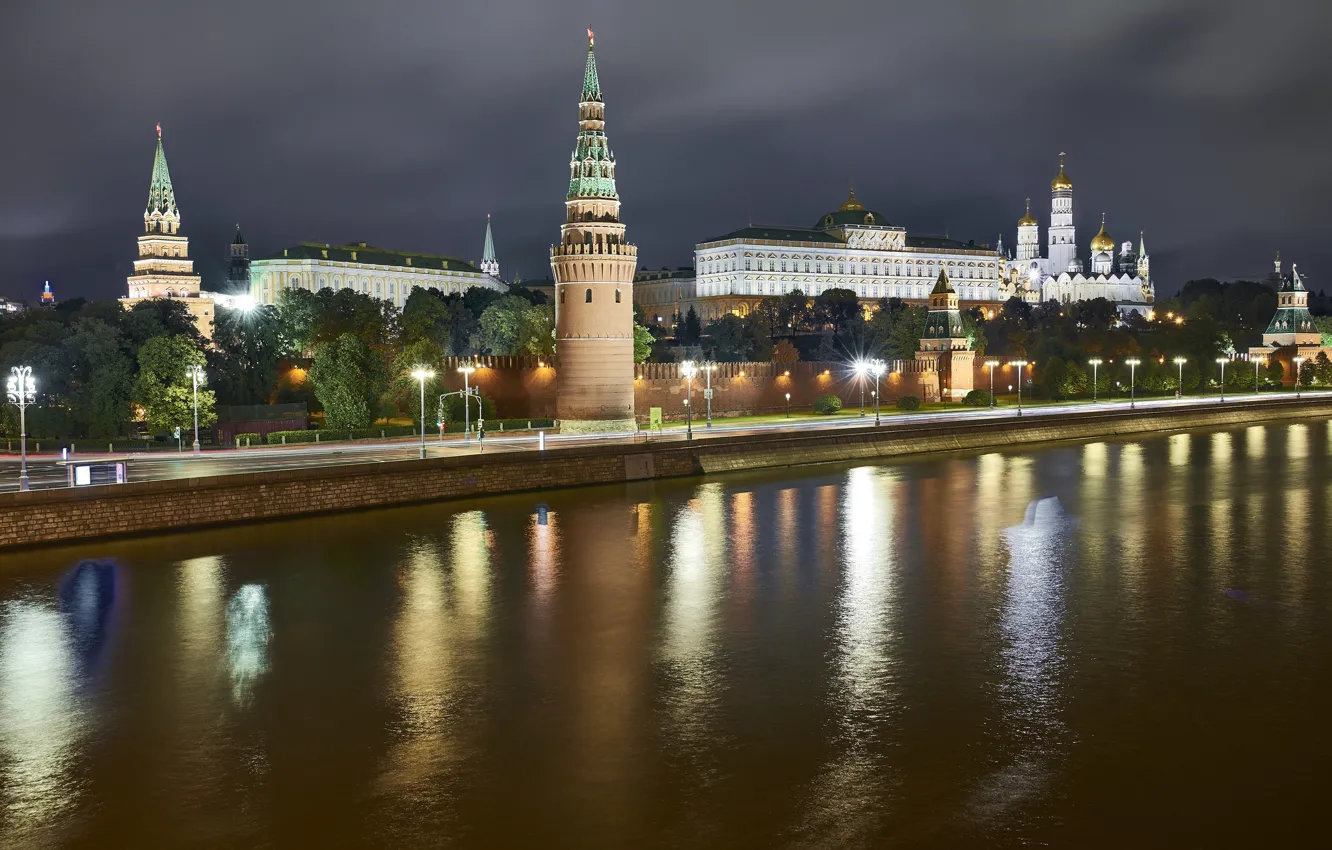 Фото обои река, Город, Москва, Ночной пейзаж