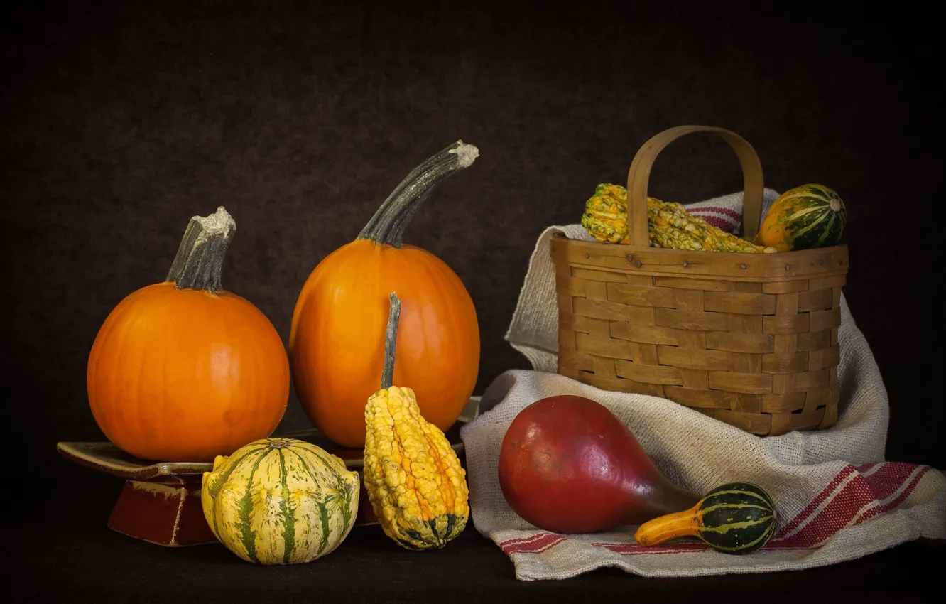 Фото обои осень, корзина, еда, урожай, тыква, натюрморт, овощи