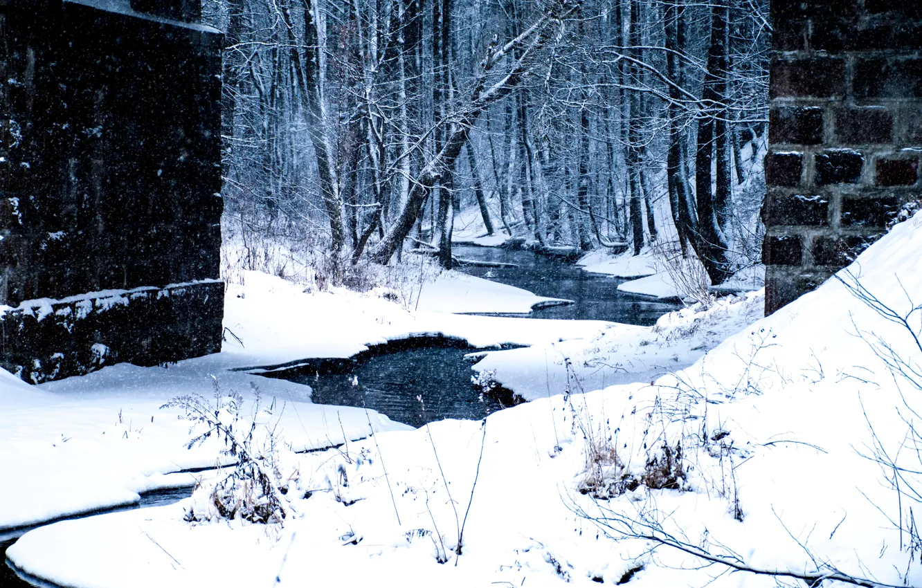 Фото обои зима, река, Река, зимняя железная дорога, деревья зимой, зимние деревья, зимняя река