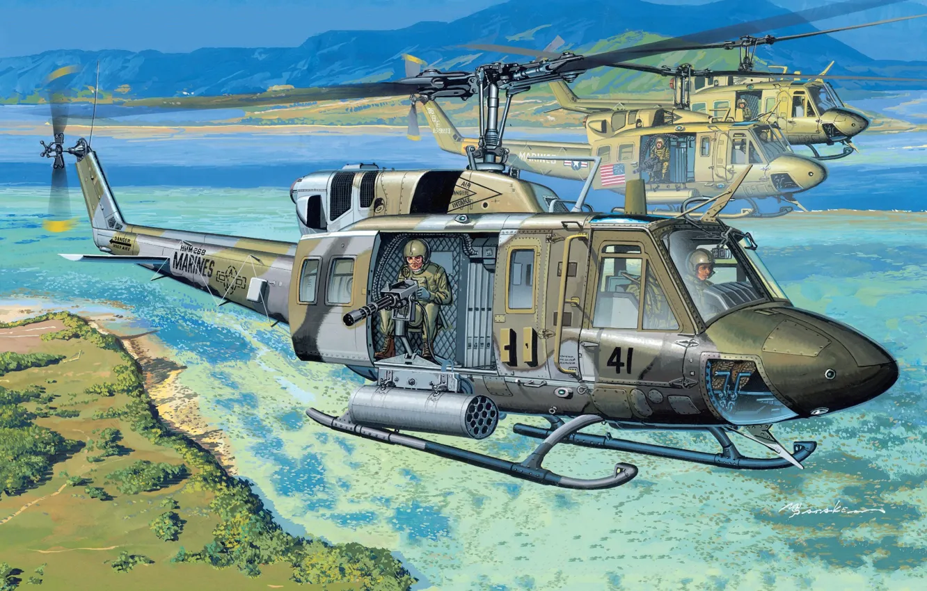 Фото обои Вертолет, США, Huey, USMC, Боевой вертолёт, UH-1N