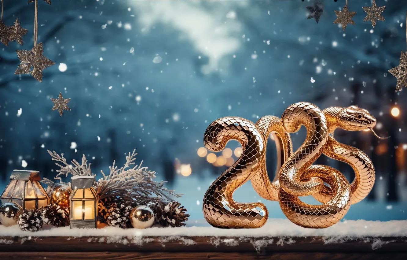 Фото обои зима, снег, золото, змея, цифры, Новый год, golden, new year