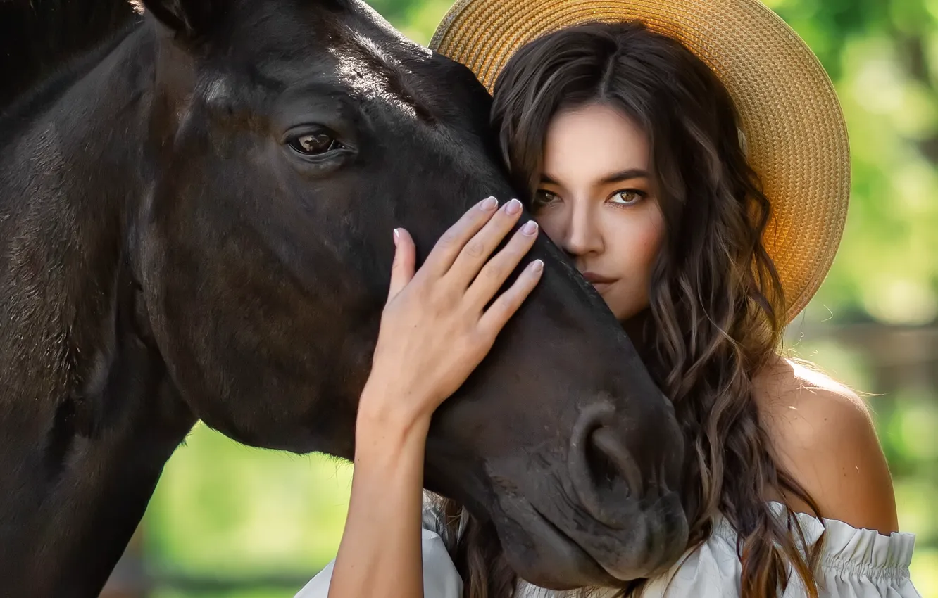 Фото обои взгляд, девушка, животное, конь, рука, голова, шляпа, брюнетка