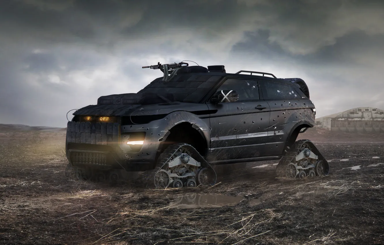 Фото обои броня, Land Rover, Range Rover, постапокалипсис, гусеницы, пулемёт, повреждения, Evoque