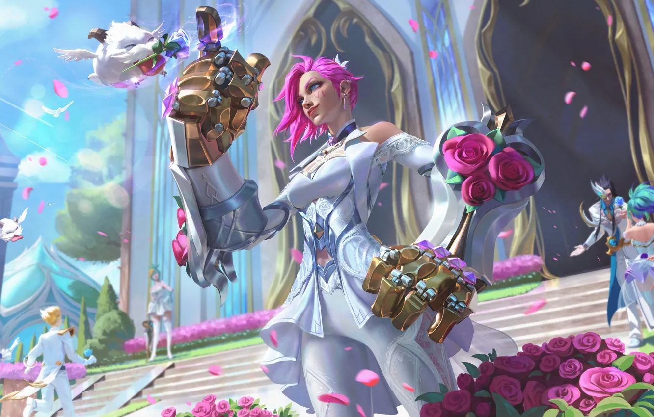 Фото обои праздник, игра, розы, демон, ступени, красивая девушка, персонаж, League of Legends