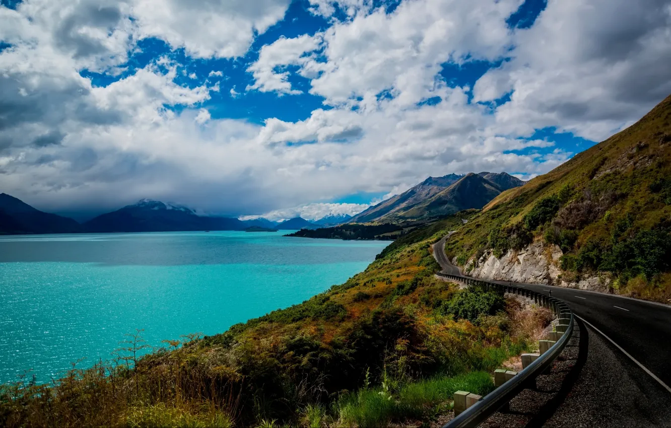 Фото обои дорога, горы, Новая Зеландия, New Zealand, Queenstown, Lake Wakatipu, Куинстаун, Озеро Уакатипу