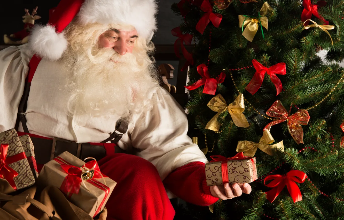 Фото обои украшения, елка, Новый Год, Рождество, подарки, Санта Клаус, Дед Мороз, Christmas