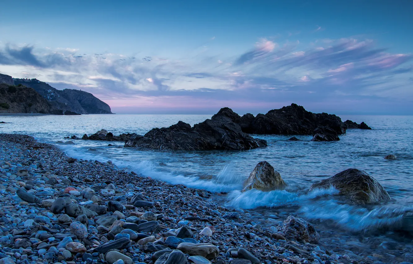 Фото обои море, камни, скалы, побережье, Испания, Spain, Андалусия, Средиземное море