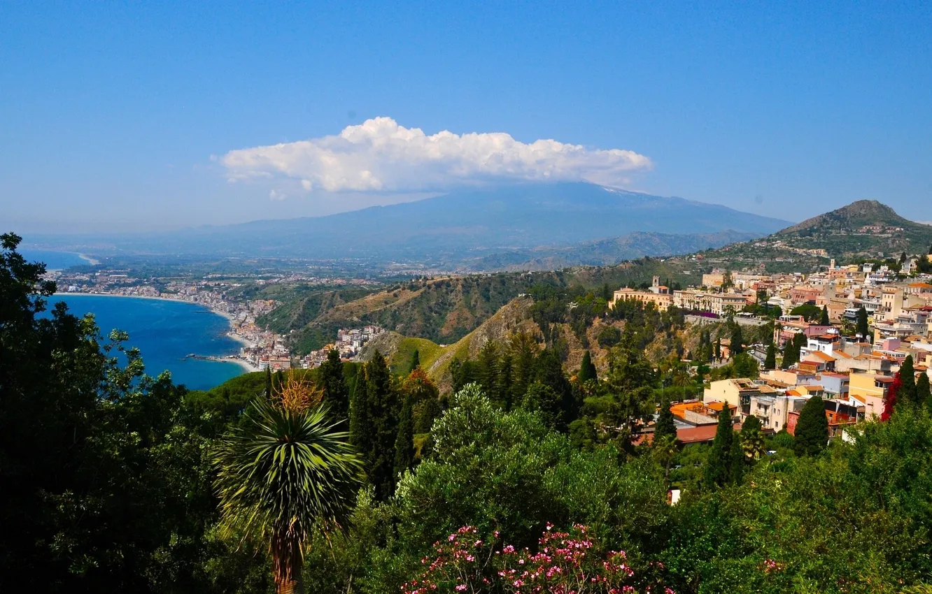 Фото обои горы, побережье, Италия, панорама, Italy, Sicily, Сицилия, Мессина