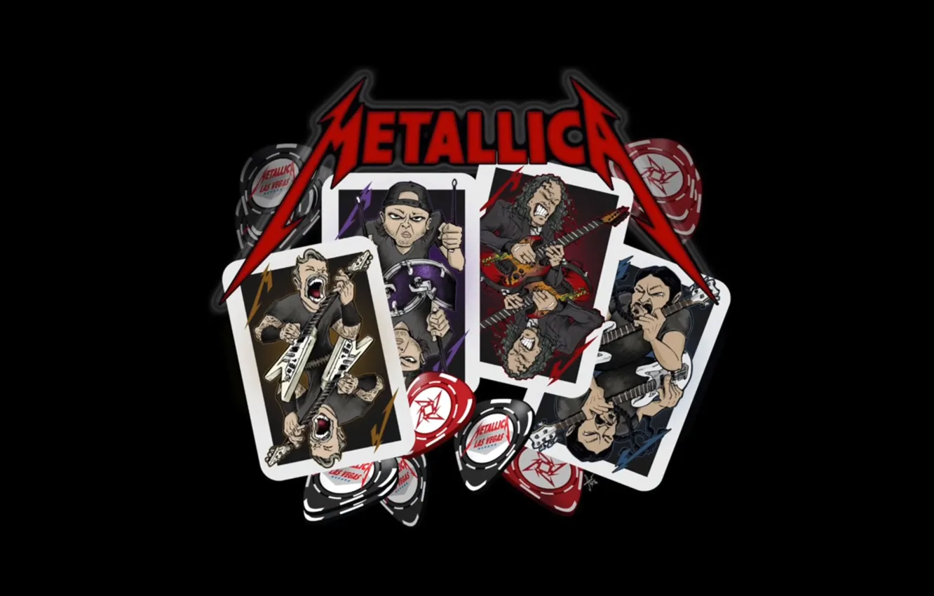 Фото обои ЛОГОТИП, ГРУППА, METALLICA, СОСТАВ, КАРТЫ, МУЗЫКАНТЫ, ЧЁРНЫЙ ФОН, ЛЕГЕНДА