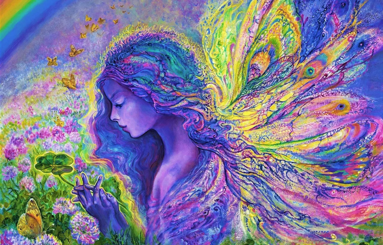 Фото обои яркие краски, бабочки, цветы, сюрреализм, крылья, картина, весна, клевер