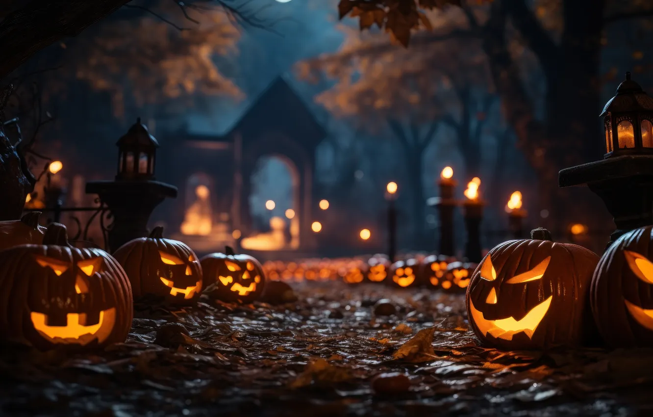 Фото обои Огни, Ночь, Деревья, Тыквы, Фонари, Halloween, Хэллоуин, Цифровое искусство