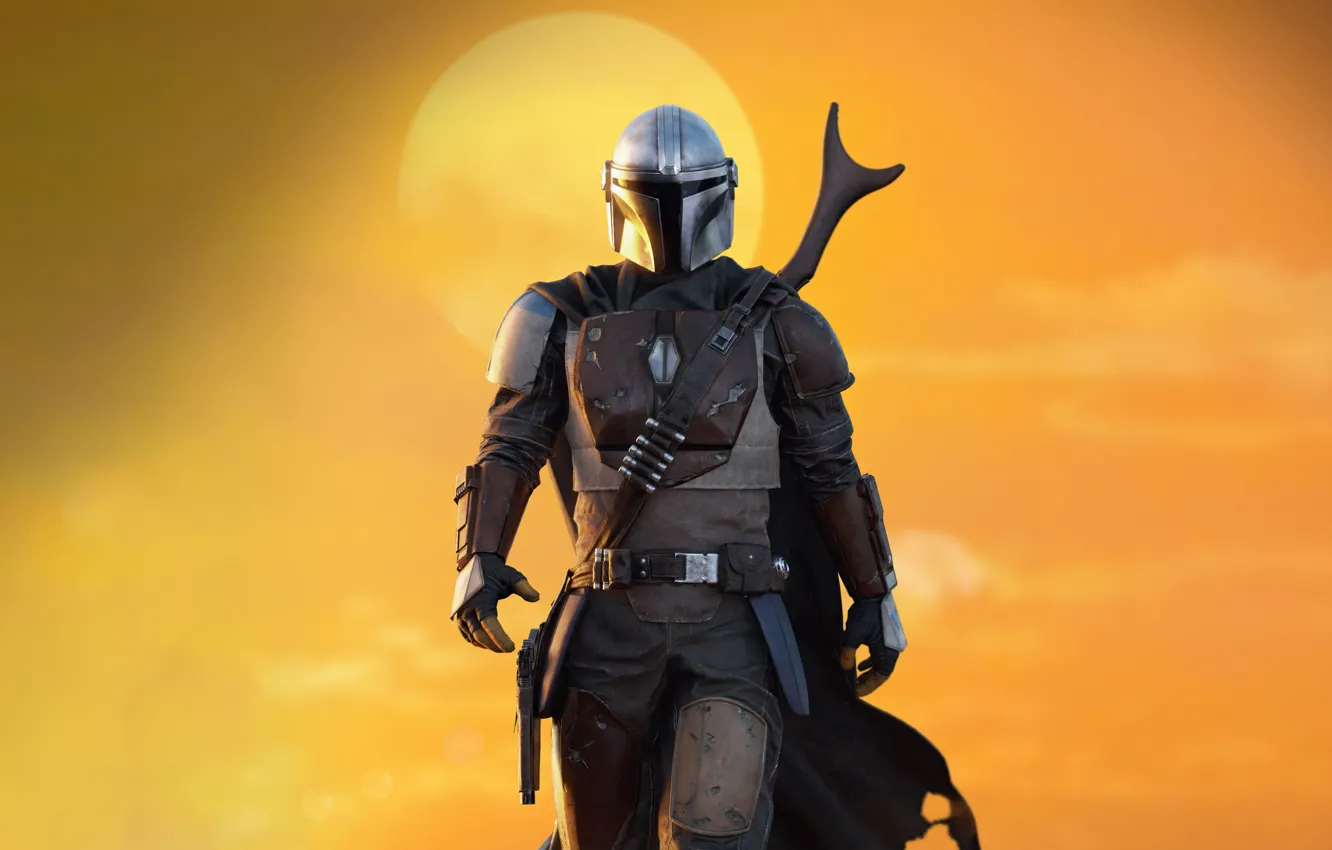 Фото обои солнце, мужчина, Звездные войны, желтый фон, Fan Art, Mandalorian, Star War, зашитный костюм