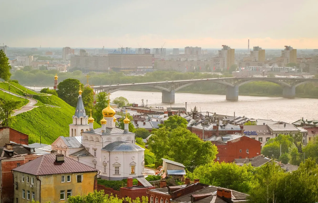 Фото обои мост, природа, город, река, вид, церковь, Россия, Нижний Новгород