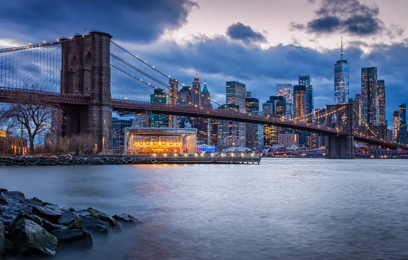 Фото обои мост, город, здания, дома, Нью-Йорк, вечер, Бруклин, освещение