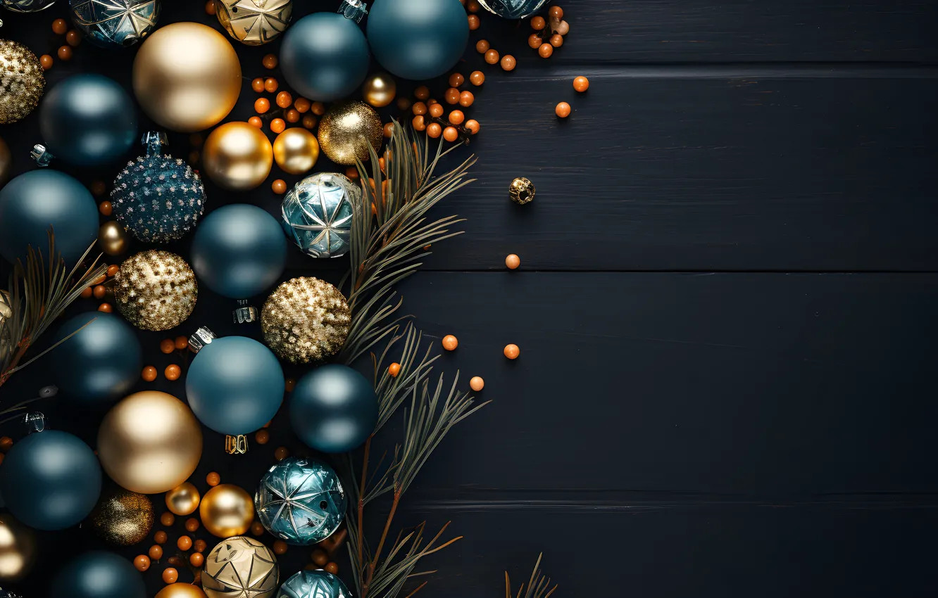 Фото обои украшения, темный фон, шары, Новый Год, Рождество, dark, golden, new year