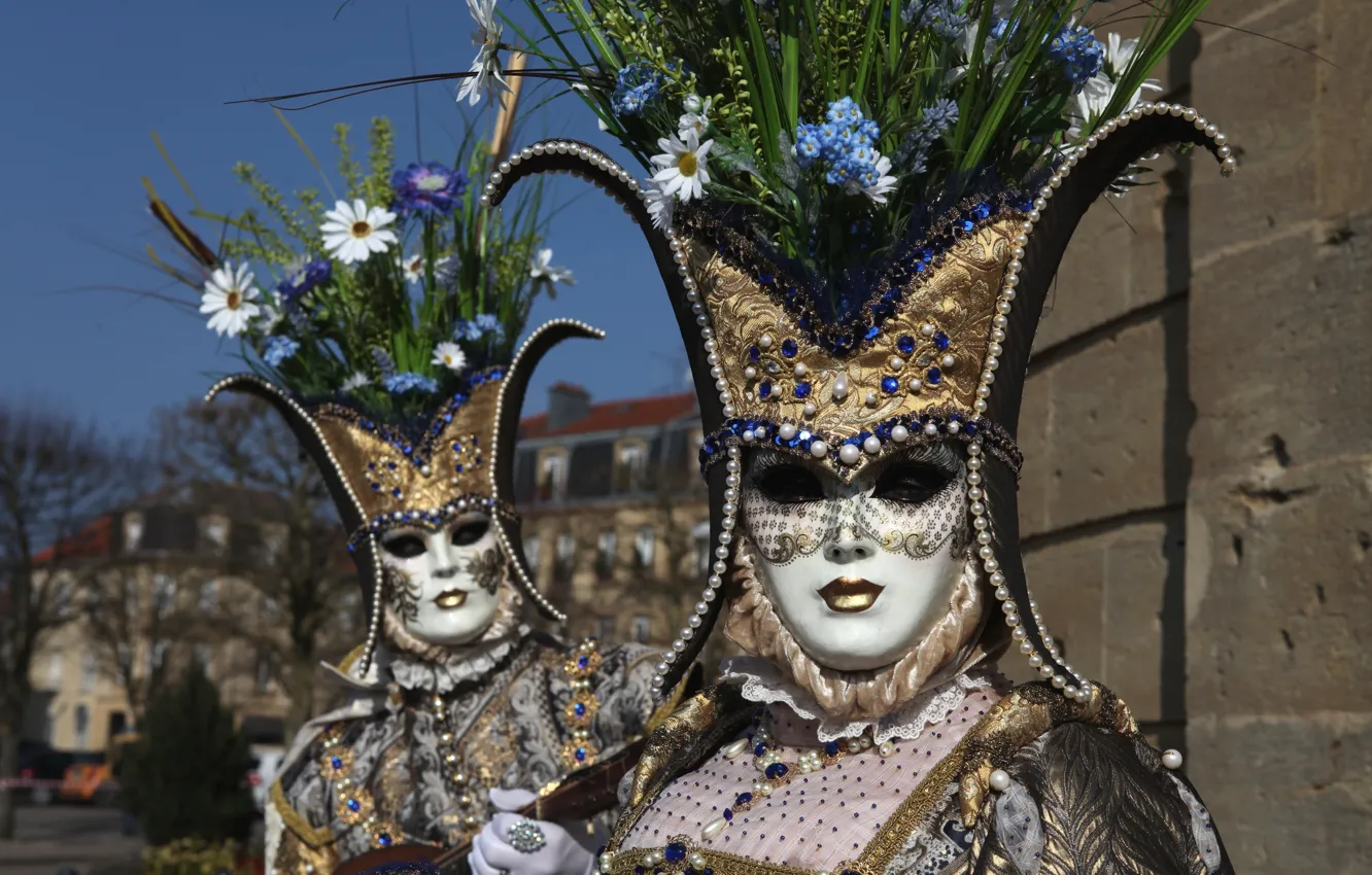 Фото обои цветы, маска, пара, костюм, Венеция, карнавал