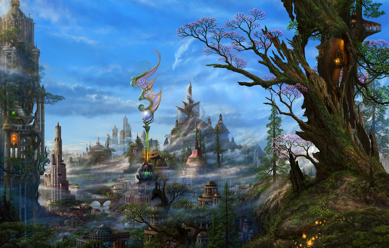 Фото обои облака, деревья, город, фентези, арт, дымка, ucchiey, kazamasa uchio