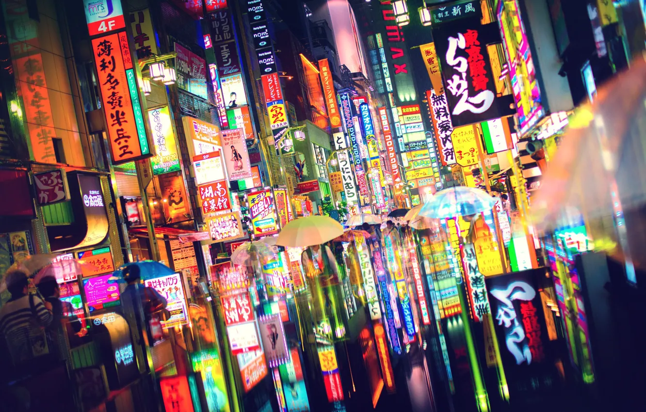 Фото обои свет, город, огни, люди, Япония, Токио, зонты