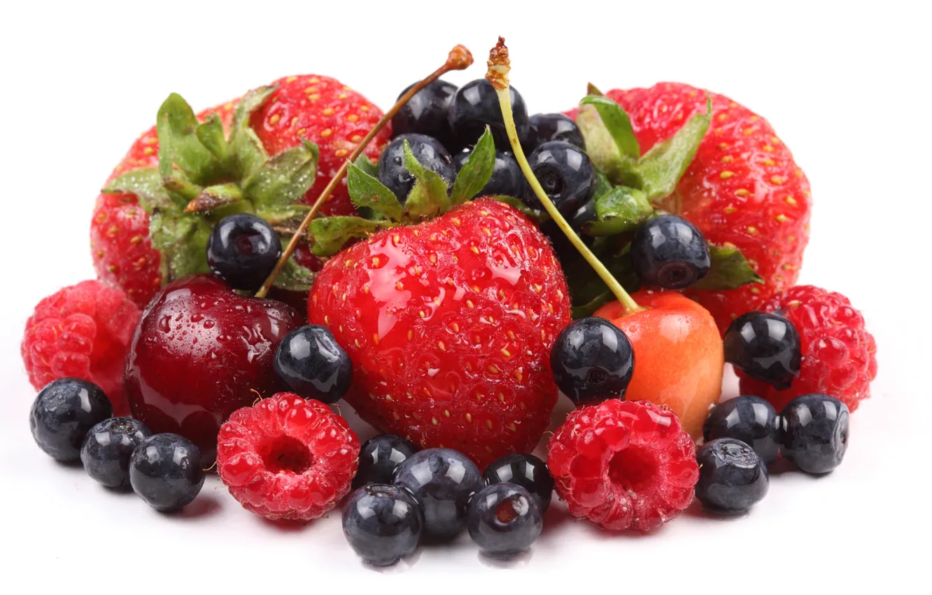 Фото обои ягоды, малина, черника, клубника, черешня