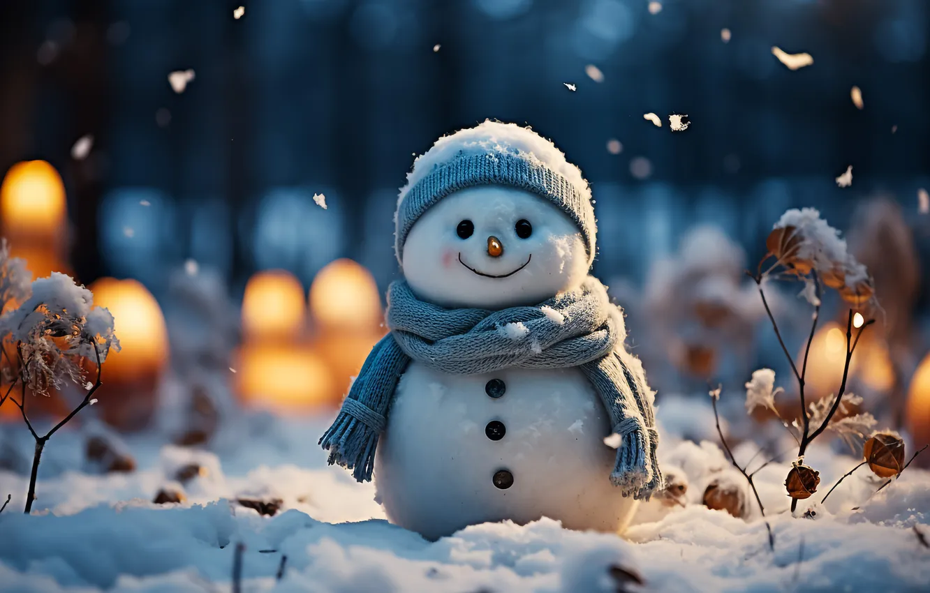 Фото обои зима, снег, Рождество, Новый год, снеговик, Christmas, snow, bokeh
