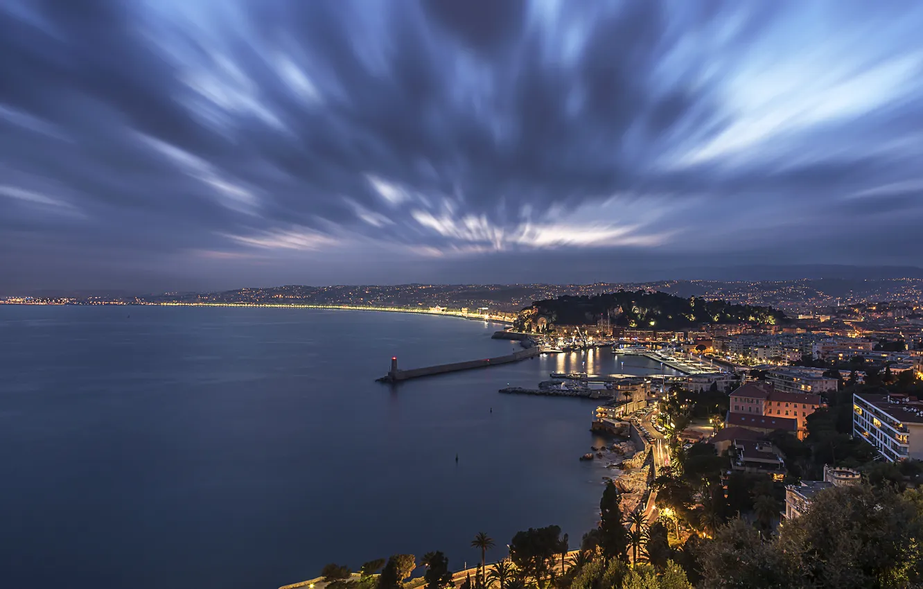 Фото обои море, ночь, огни, побережье, Франция, маяк, панорама, Nice