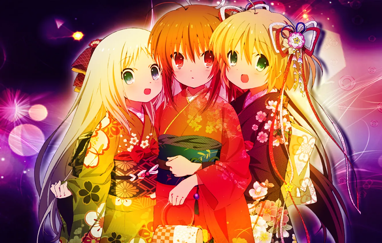 Фото обои праздник, девочки, кавай, подружки, няшки, бои аниме, три подружки на рабочий стол