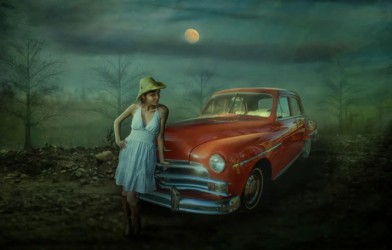 Фото обои машина, авто, девушка, деревья, ночь, луна, фотошоп