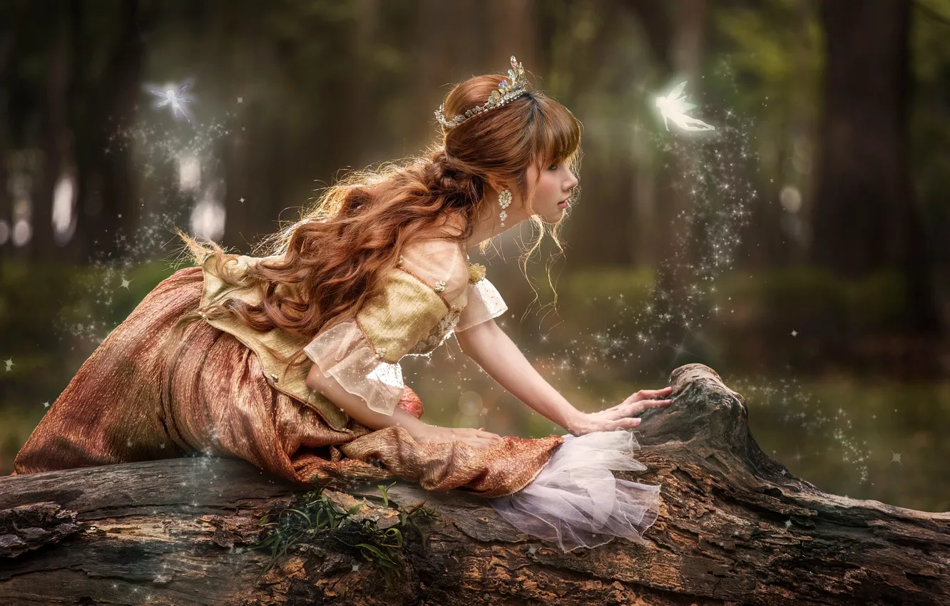 Фото обои лес, девушка, сказка, корона, рыжая, бревно, локоны, фейри