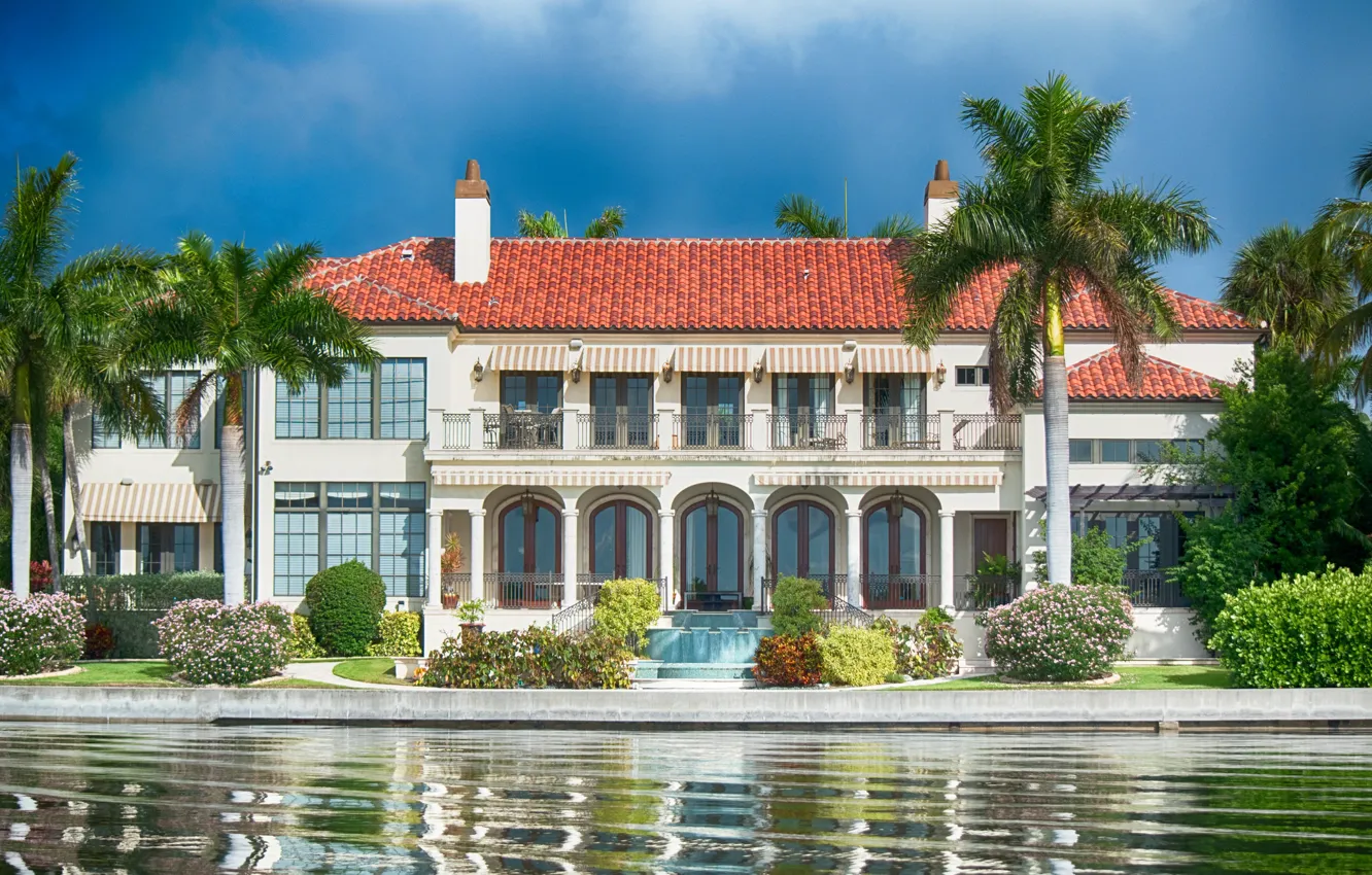 Фото обои вода, пальмы, вилла, Флорида, кусты, Florida, Sarasota, Сарасота