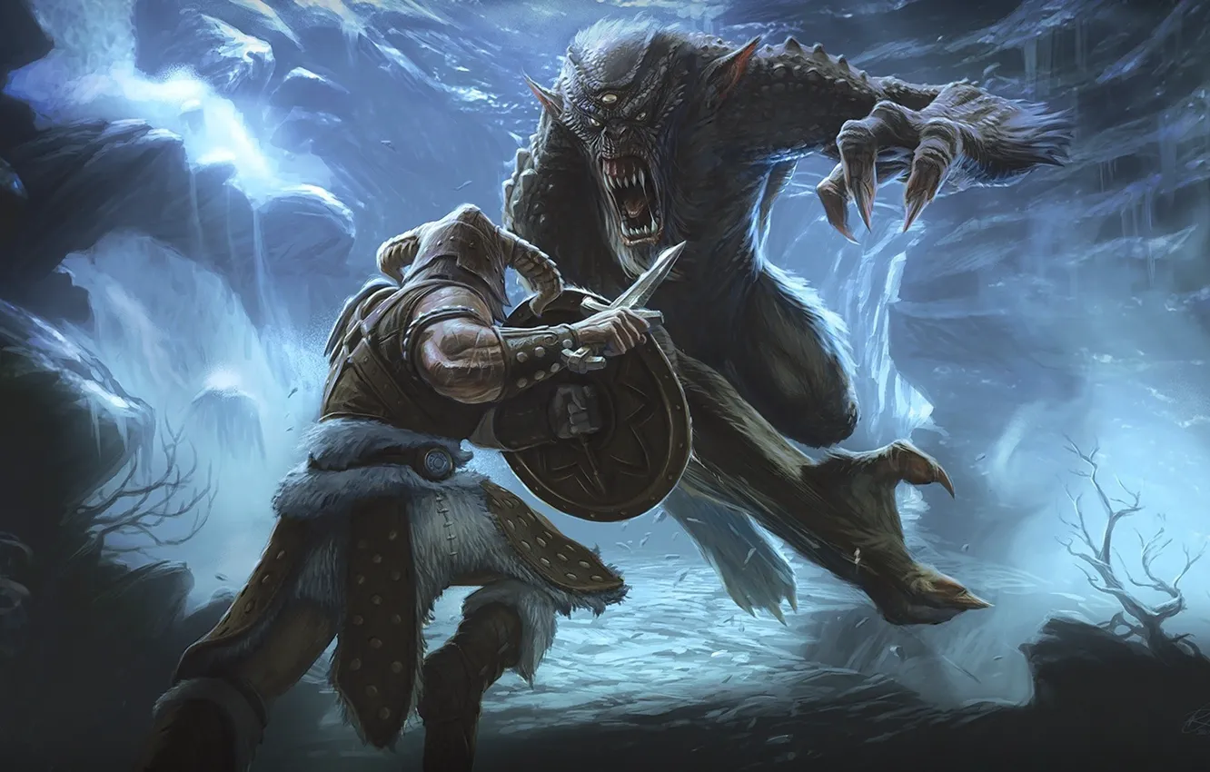 Фото обои монстр, воин, битва, The Elder Scrolls V: Skyrim