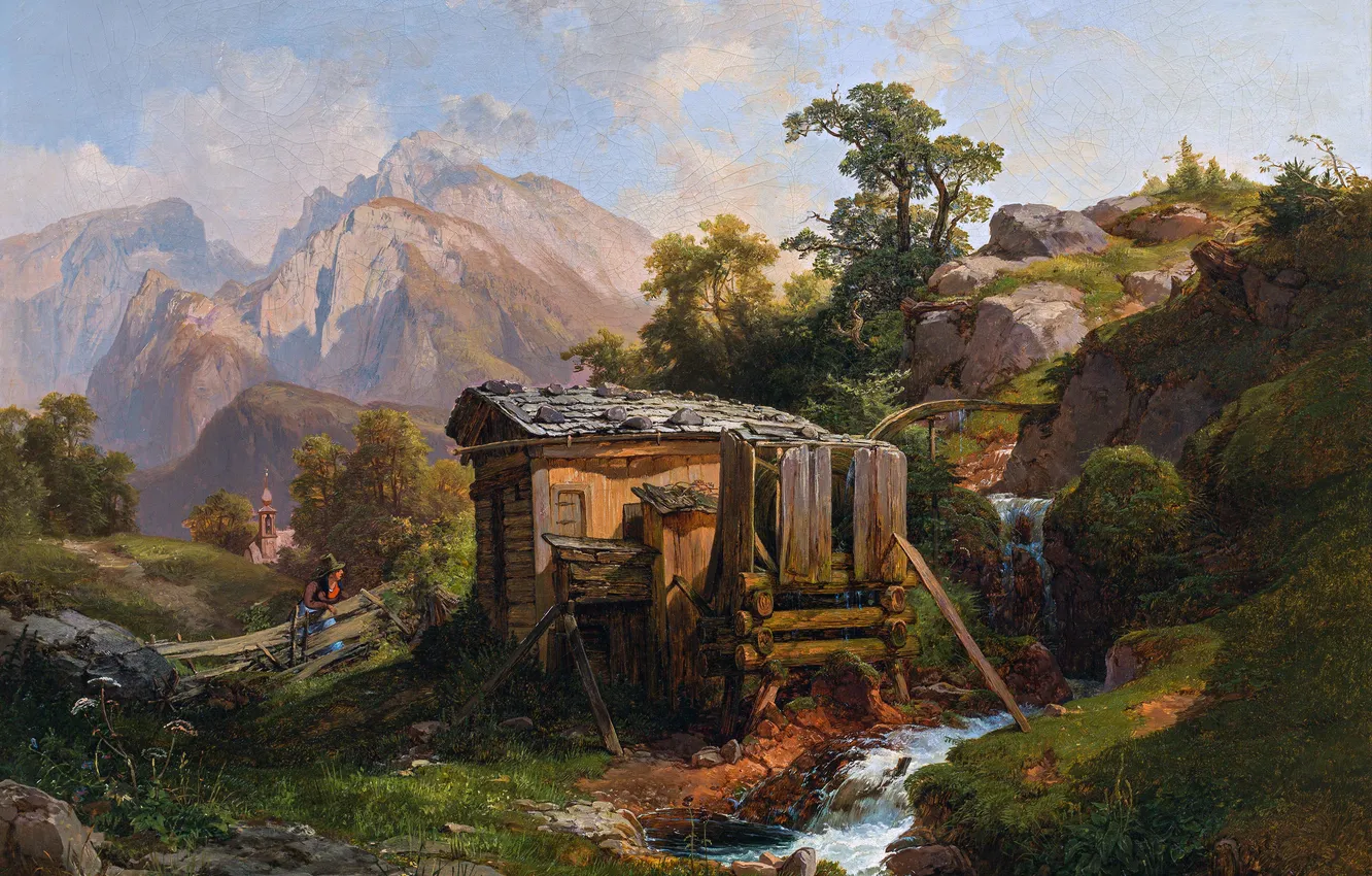 Фото обои Горы, Мельница, Деревья, Ручей, Картина, Австрийский художник-пейзажист, Антон Ханш, Anton Hansch