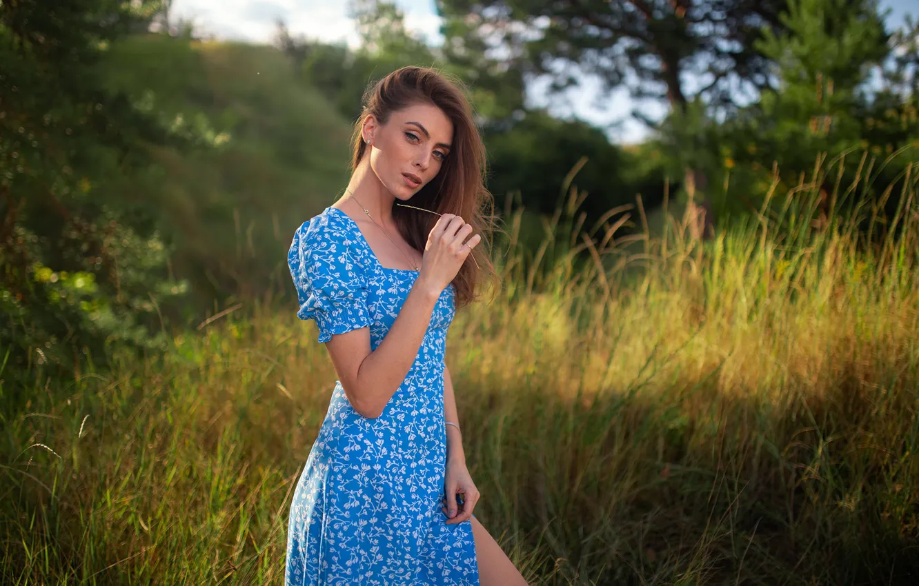 Фото обои трава, взгляд, девушка, поза, платье, на природе, Дмитрий Шульгин