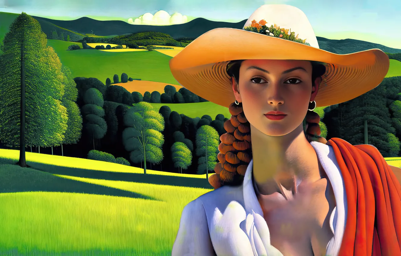 Фото обои зелень, поле, лето, взгляд, девушка, свет, деревья, природа