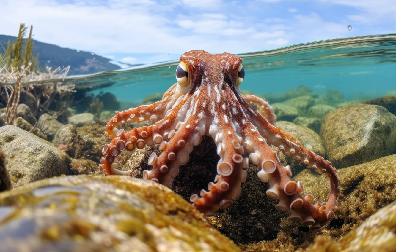 Фото обои море, взгляд, камни, берег, осьминог, щупальца, ИИ-арт, НЕЙРОСЕТЬ