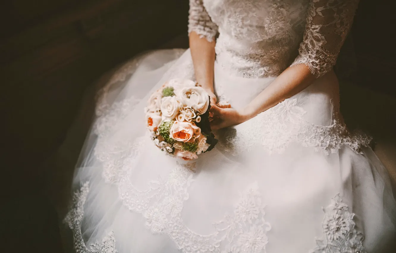 Фото обои букет, платье, невеста, свадьба