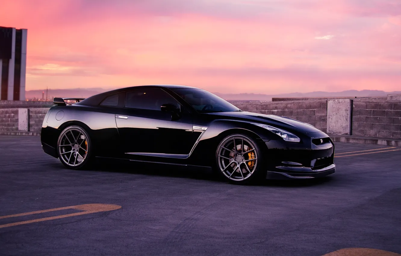 Фото обои GTR, Nissan, Car, Sky, Wall, Front, Black, Sunset