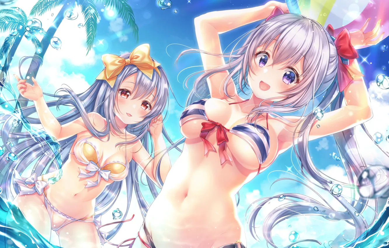 Фото обои sexy, cleavage, sky, long hair, sea, girls, boobs, anime