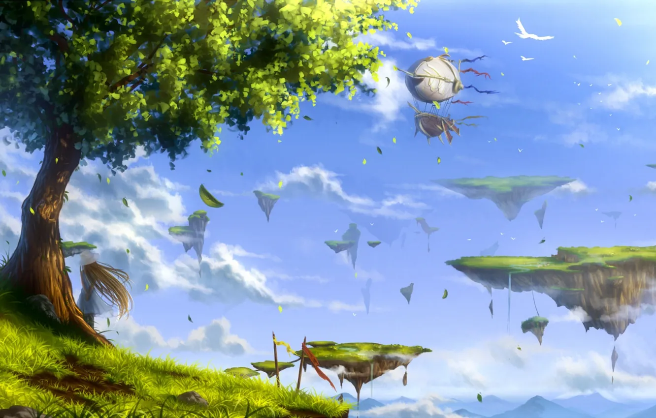 Фото обои небо, девушка, облака, пейзаж, птицы, природа, дерево, аниме