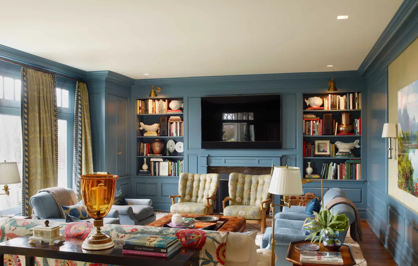 Фото обои дизайн, стиль, интерьер, камин, библиотека, гостиная, Bunny Williams living room