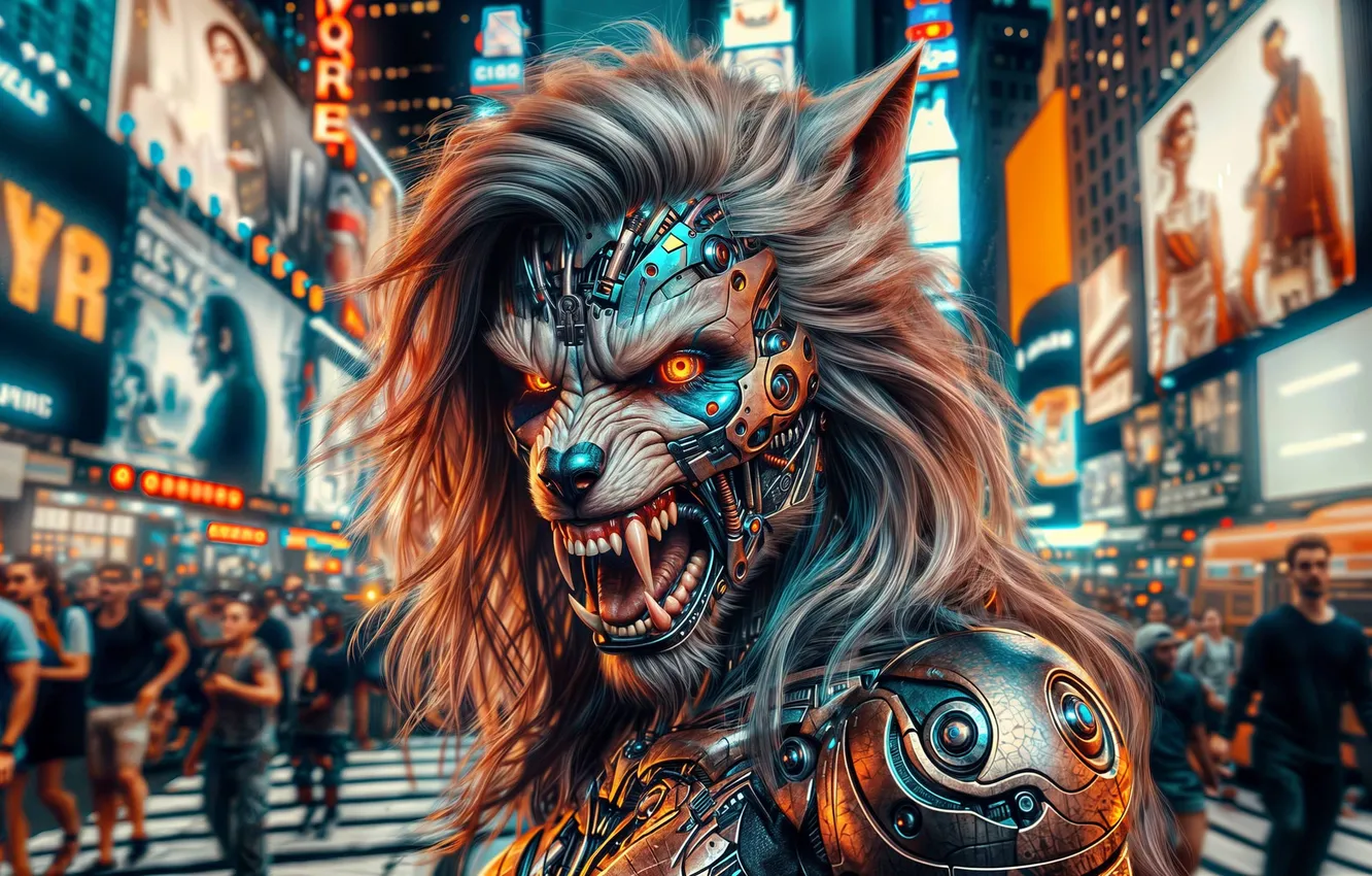 Фото обои город, робот, волк, киборг