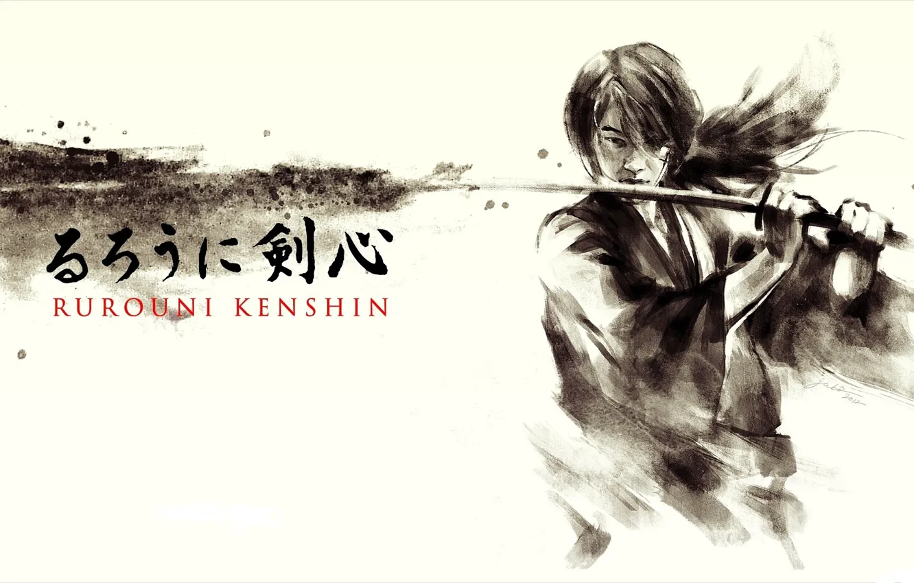 Фото обои рисунок, черно-белая, катана, иероглифы, белый фон, шрам, мечник, Rurouni Kenshin
